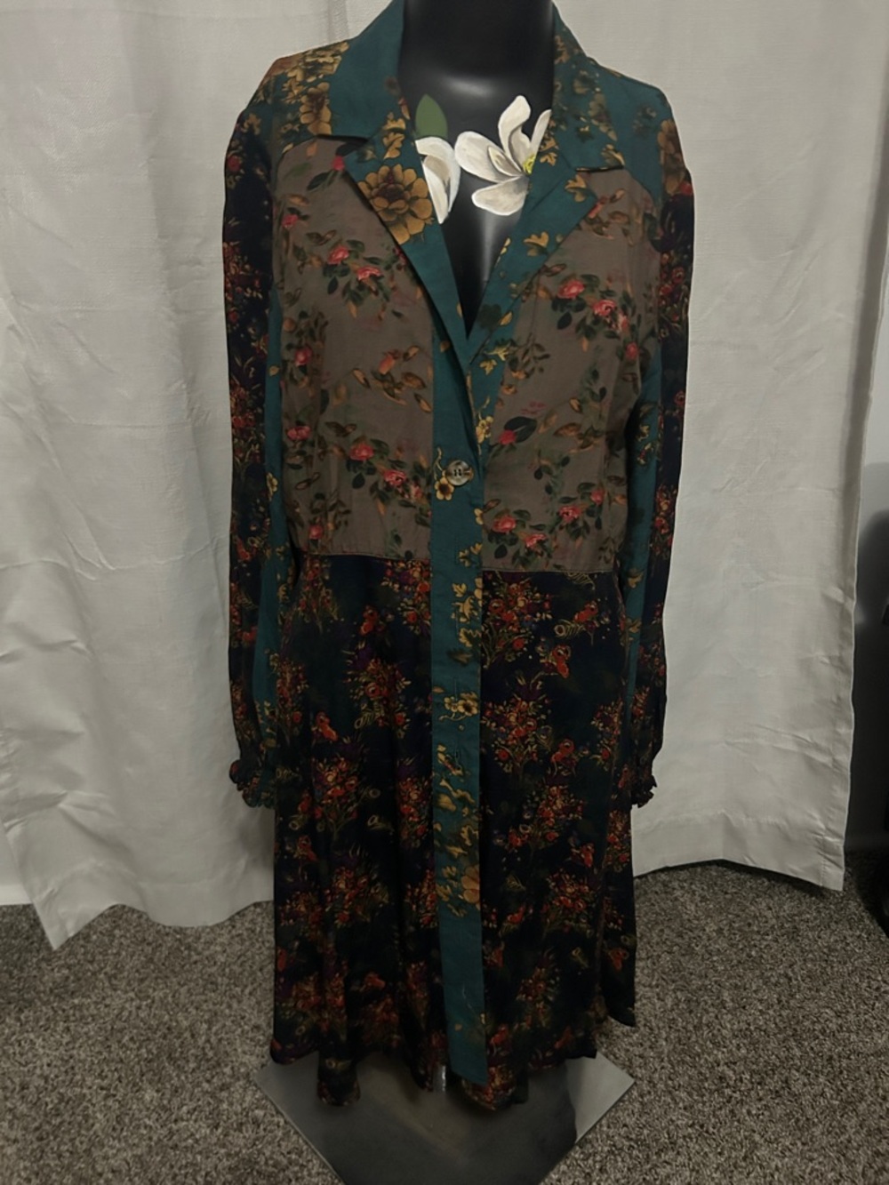 NATURAL LIFE Long Sleeve Floral Patchwork Dress in Teal and Brown